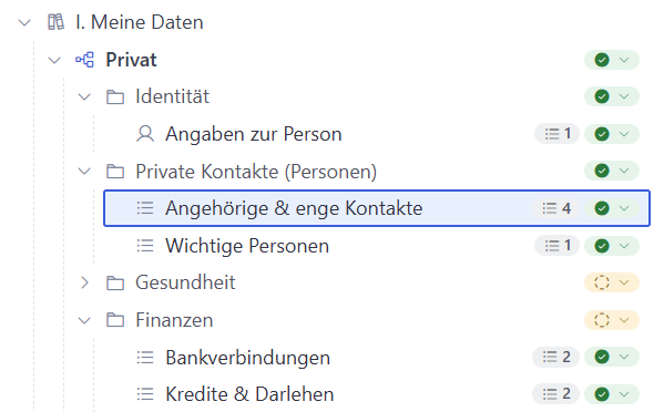 Screenshot: Navigationsbaum mit den Bereichen Privat und Selbstst&auml;ndig im Notfall-Handbuch